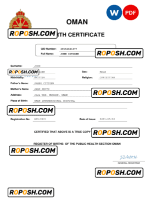 Oman birth certificate Word and PDF template, completely editable