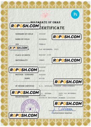 Oman vital record birth certificate PSD template