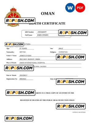 Oman vital record death certificate Word and PDF template