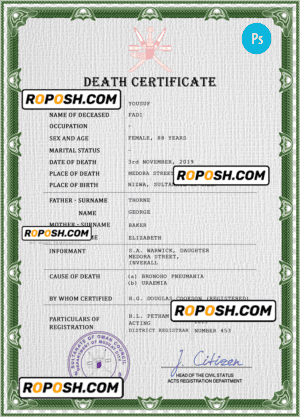 Oman vital record death certificate PSD template, fully editable