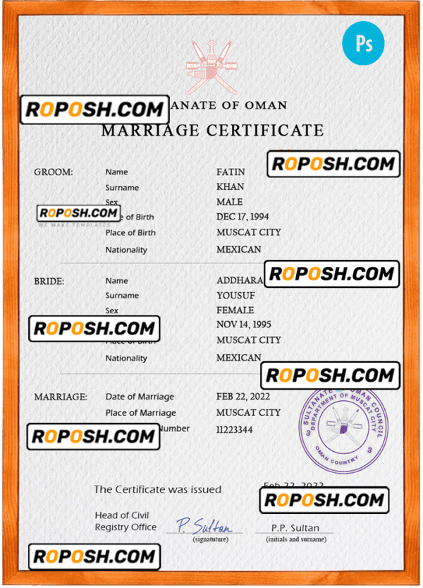 Oman marriage certificate PSD template, completely editable