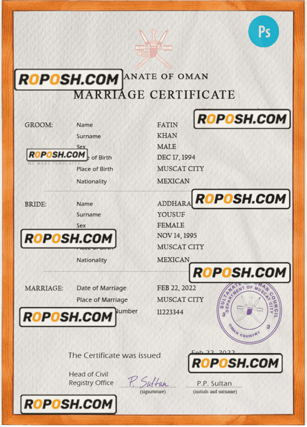Oman marriage certificate PSD template, completely editable