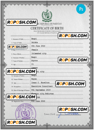Pakistan vital record birth certificate PSD template, fully editable