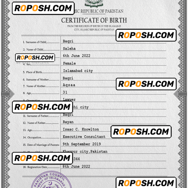 Pakistan vital record birth certificate PSD template, fully editable