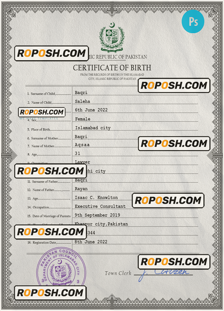 Pakistan vital record birth certificate PSD template, fully editable ...