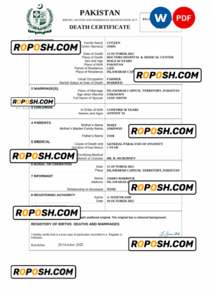 Pakistan death certificate Word and PDF template, completely editable