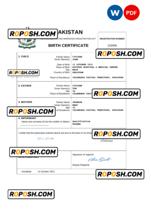Pakistan vital record birth certificate Word and PDF template, completely editable