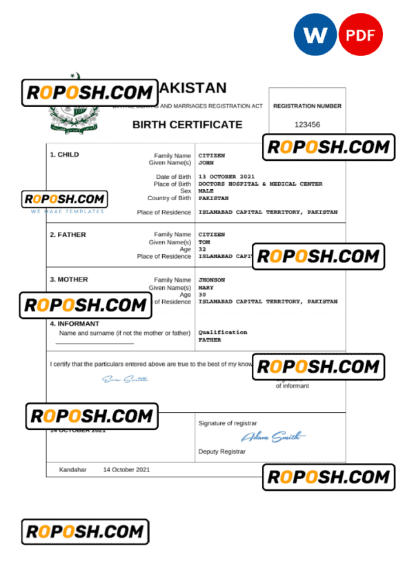Pakistan vital record birth certificate Word and PDF template, completely editable