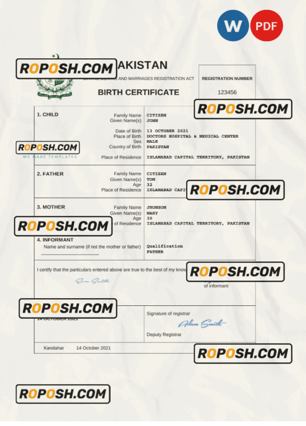 Pakistan vital record birth certificate Word and PDF template, completely editable
