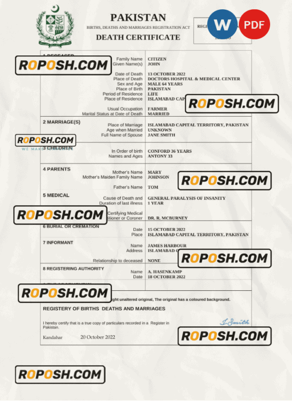 Pakistan death certificate Word and PDF template, completely editable