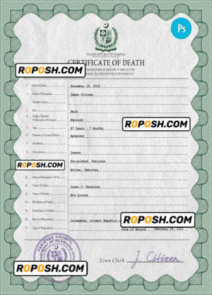 Pakistan vital record death certificate PSD template