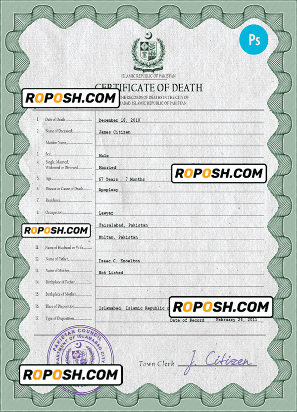 Pakistan vital record death certificate PSD template