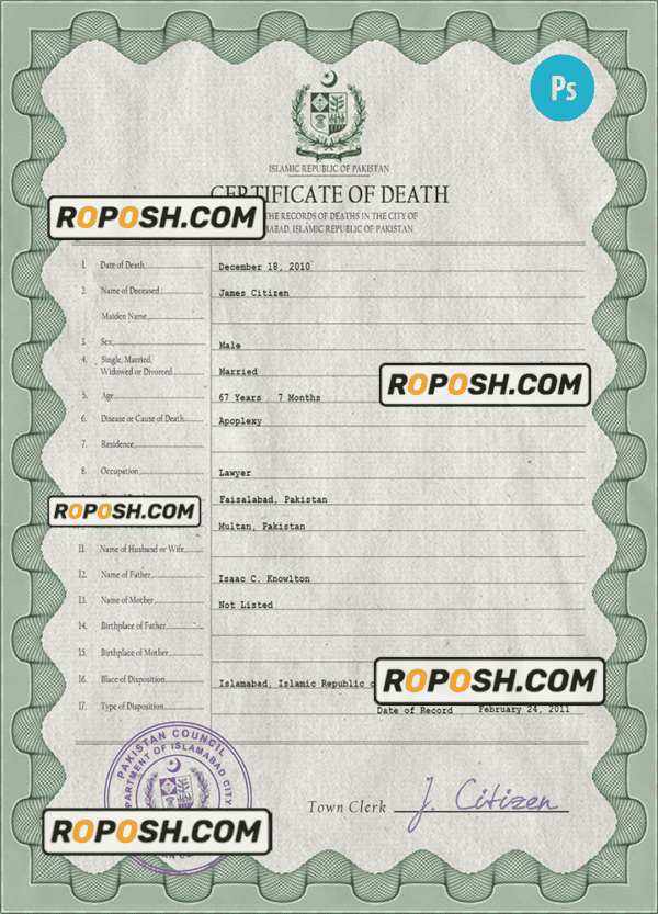 Pakistan vital record death certificate PSD template
