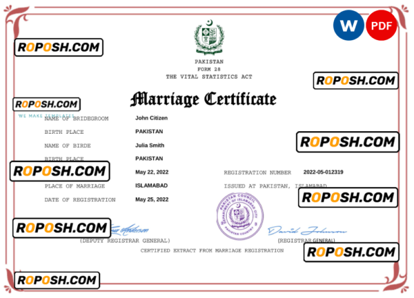 Pakistan marriage certificate Word and PDF template, fully editable