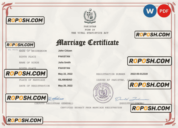 Pakistan marriage certificate Word and PDF template, fully editable