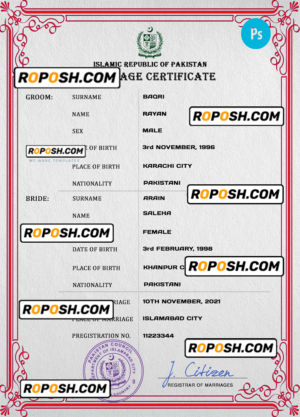 Pakistan marriage certificate PSD template, fully editable