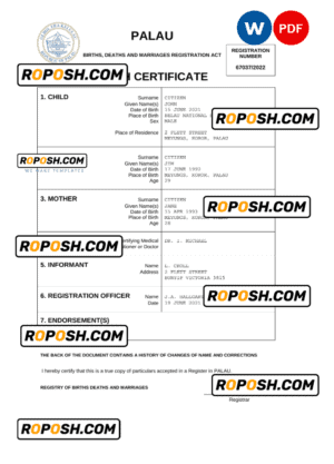 Palau birth certificate Word and PDF template, completely editable