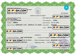 Palau birth certificate PSD template, completely editable