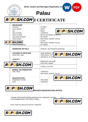 Palau vital record death certificate Word and PDF template