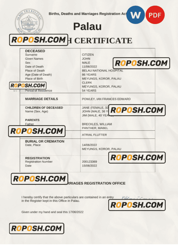 Palau vital record death certificate Word and PDF template
