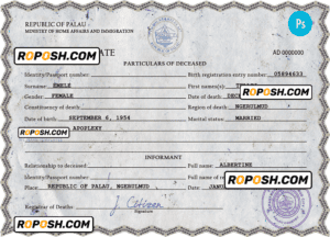 Palau death certificate PSD template, completely editable