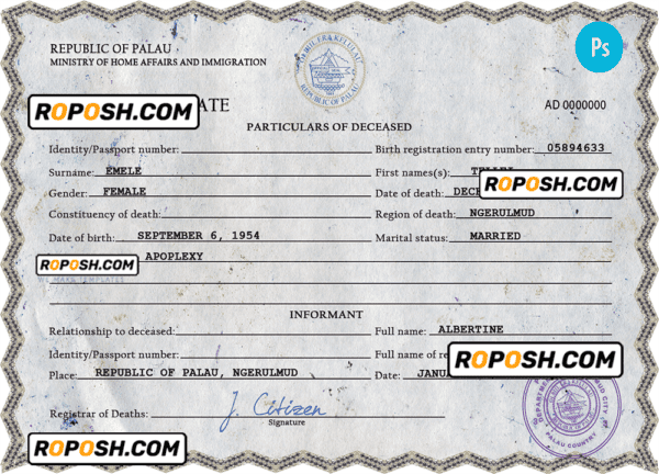 Palau death certificate PSD template, completely editable