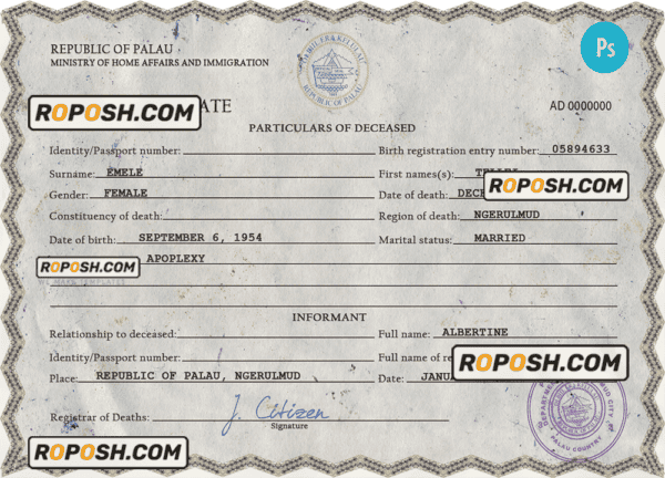 Palau death certificate PSD template, completely editable