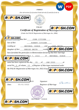 Palau marriage certificate Word and PDF template, completely editable