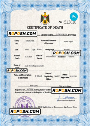 Palestine vital record death certificate PSD template, completely editable