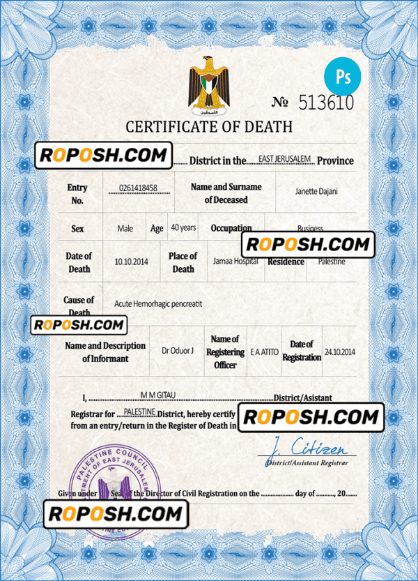 Palestine vital record death certificate PSD template, completely editable