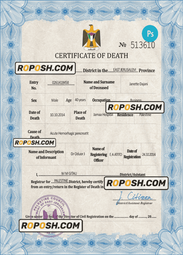 Palestine vital record death certificate PSD template, completely editable