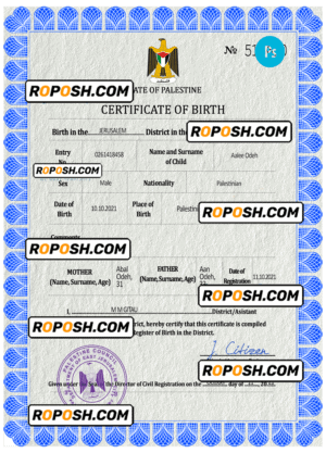 Palestine vital record birth certificate PSD template