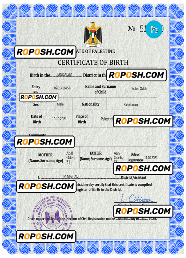 Palestine vital record birth certificate PSD template