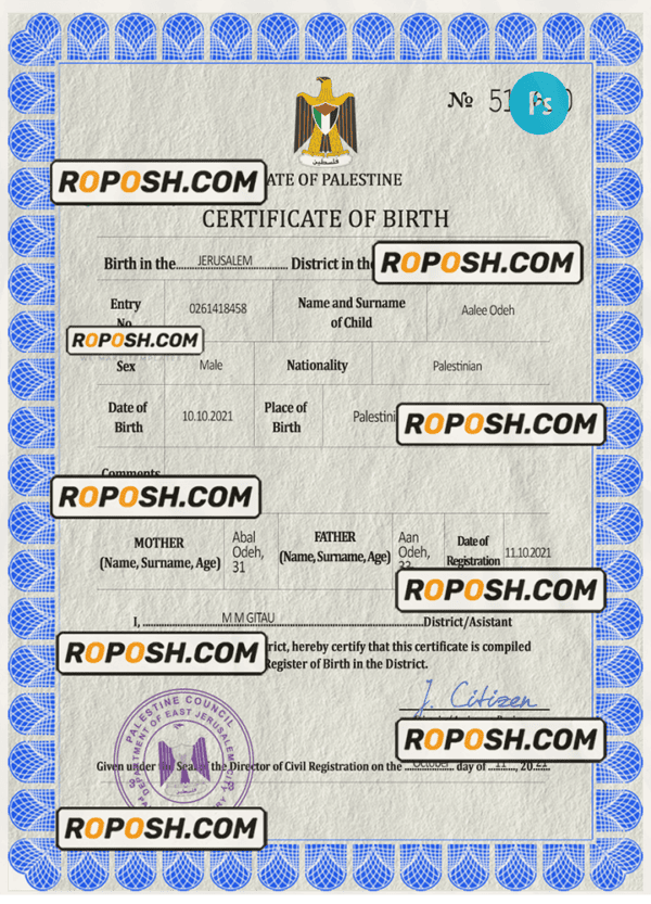 Palestine vital record birth certificate PSD template