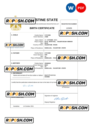 Palestine vital record birth certificate Word and PDF template, completely editable