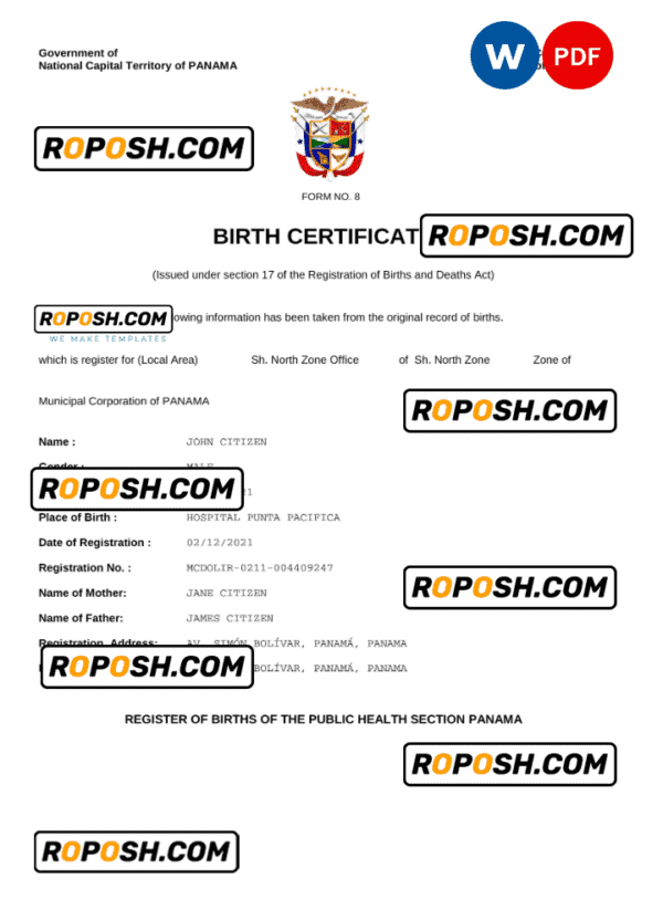 Panama birth certificate Word and PDF template, completely editable
