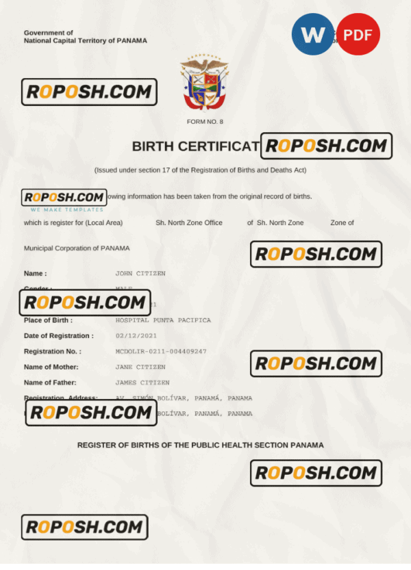 Panama birth certificate Word and PDF template, completely editable