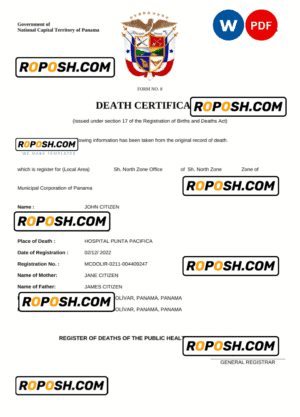 Panama death certificate Word and PDF template, completely editable