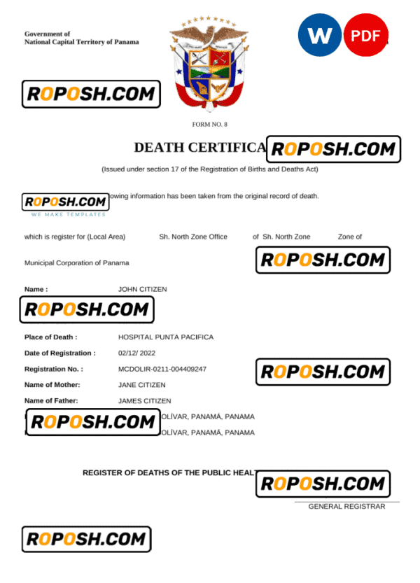 Panama death certificate Word and PDF template, completely editable