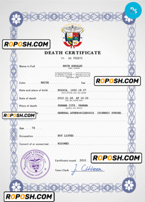 Panama vital record death certificate PSD template, fully editable