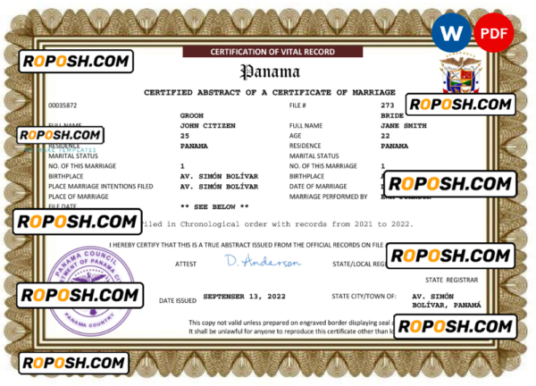 Panama marriage certificate Word and PDF template, completely editable