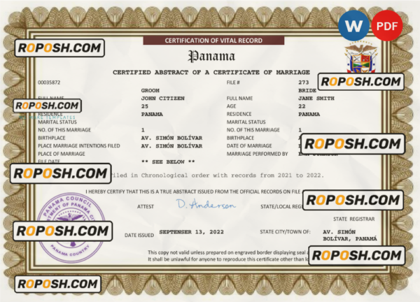 Panama marriage certificate Word and PDF template, completely editable scan effect