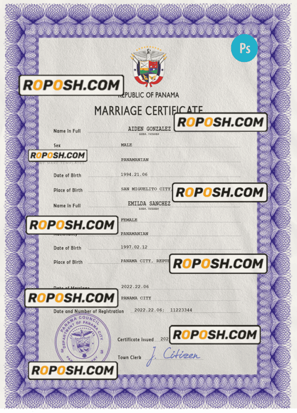 Panama marriage certificate PSD template, completely editable