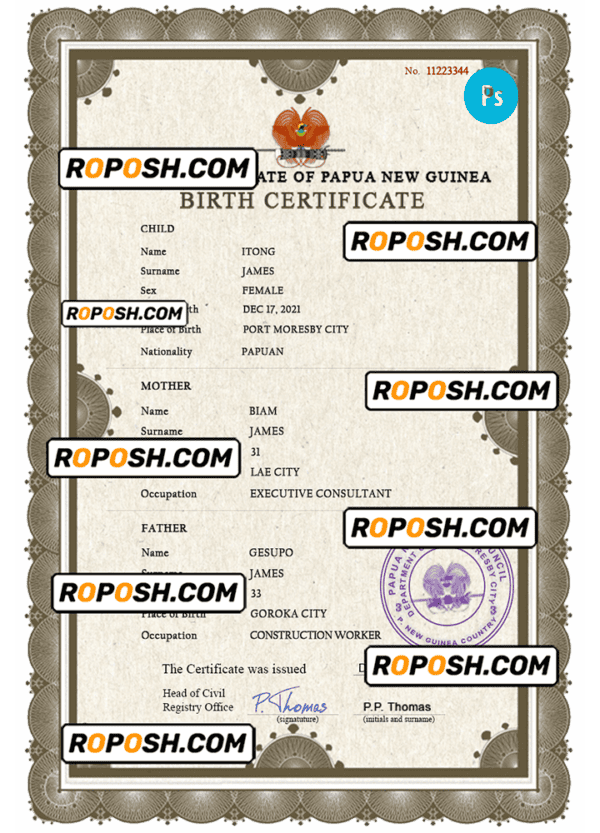 Papua New Guinea birth certificate PSD template, completely editable