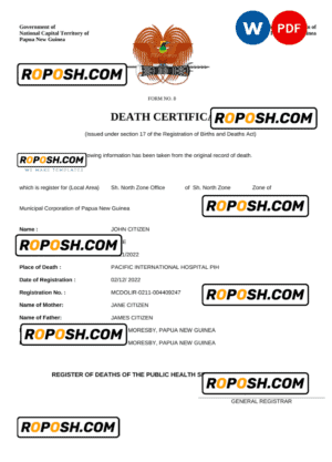 Papua New Guinea vital record death certificate Word and PDF template