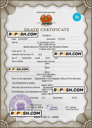 Papua New Guinea death certificate PSD template, completely editable