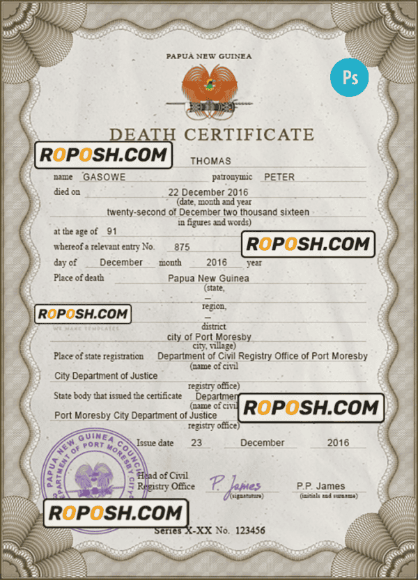 Papua New Guinea death certificate PSD template, completely editable