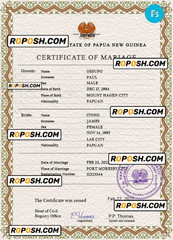 Papua New Guinea marriage certificate PSD template, fully editable