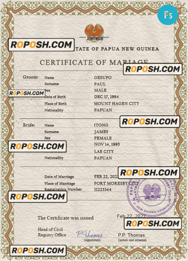 Papua New Guinea marriage certificate PSD template, fully editable