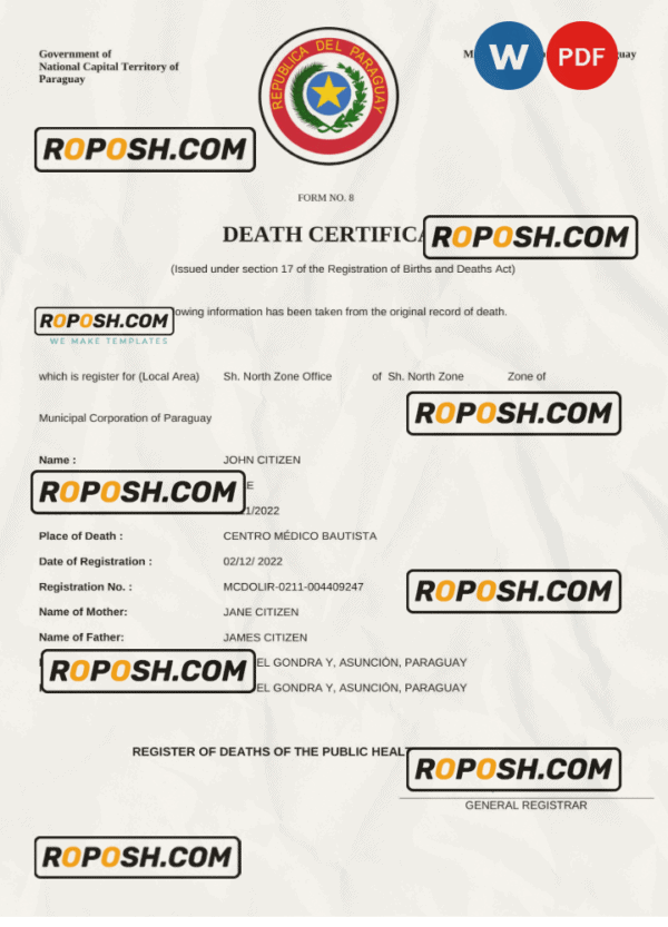 Paraguay death certificate Word and PDF template, completely editable